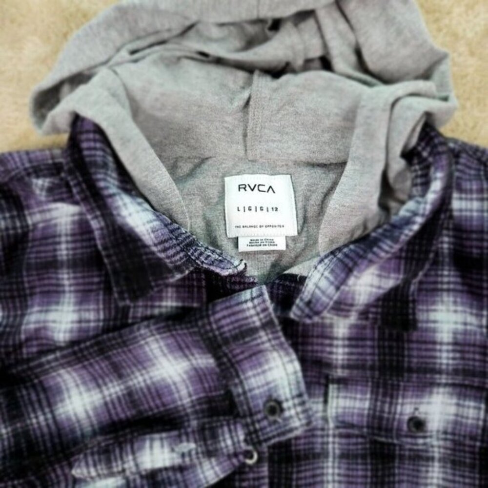 RCVA Jacket Hooded Purple White Black Plaid Pockets Long Sleeve Womens Size L